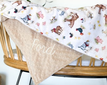 Personalized Baby Blanket, Embroidered Farm Blanket, Embroidered Farm Animals Newborn Boy gift, Baby Shower Gift, Barn Buddies Baby Blanket