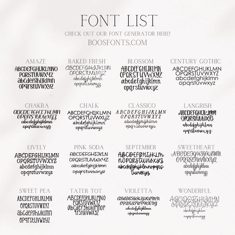 Op de afbeelding: Een afbeelding met de titel "FONT LIST" met een verscheidenheid aan lettertypen, met de website "BOOSFONTS.COM" weergegeven. De lettertypen omvatten "Amaze", "Baked Fresh", "Blossom" en "Century Gothic", die elk hoofdletters en kleine letters demonstreren.