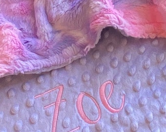 Couverture personnalisée pour bébé, couverture Tie Dye Minky, sorbet licorne rose et violet tie-dye, nouveau-né fille, cadeau de baby shower, options pour préados adultes