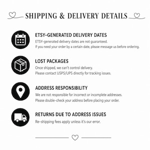 May include: A white graphic with black text detailing shipping and delivery information. The text includes information about Etsy-generated delivery dates, lost packages, address responsibility, and returns due to address issues.