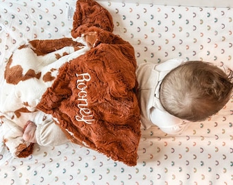 Personalized Baby Blanket, Penny Calf Minky and You Choose Minky Dot Color, Newborn Girl gift, Baby Shower Gift, Ginger Cow, Western