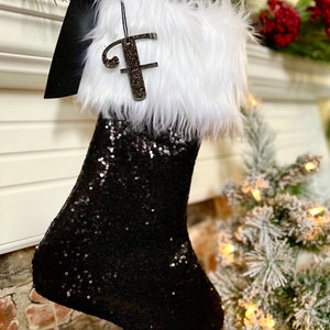 Black Christmas Stocking, Personalized Christmas Stocking, Personalized White and Black Christmas Stocking, Sparkle Stocking