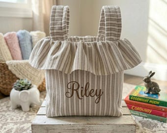 Personalized Ruffle Stroller Caddy Bag | Baby Shower Gift | Mom Tote Organizer | Beige and White Stipe Stroller Bag