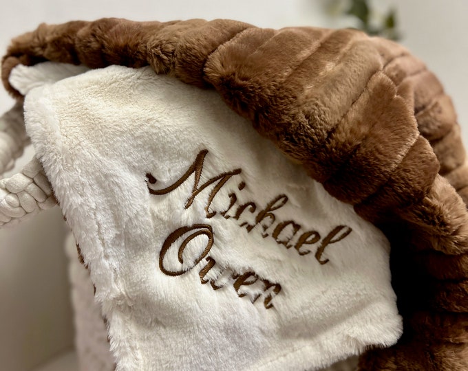Personalized Brown Baby Blanket, Vienna Pecan and You Choose Minky Color, Newborn Boy, Baby Girl Shower Gift, Embroidered Baby Blanket