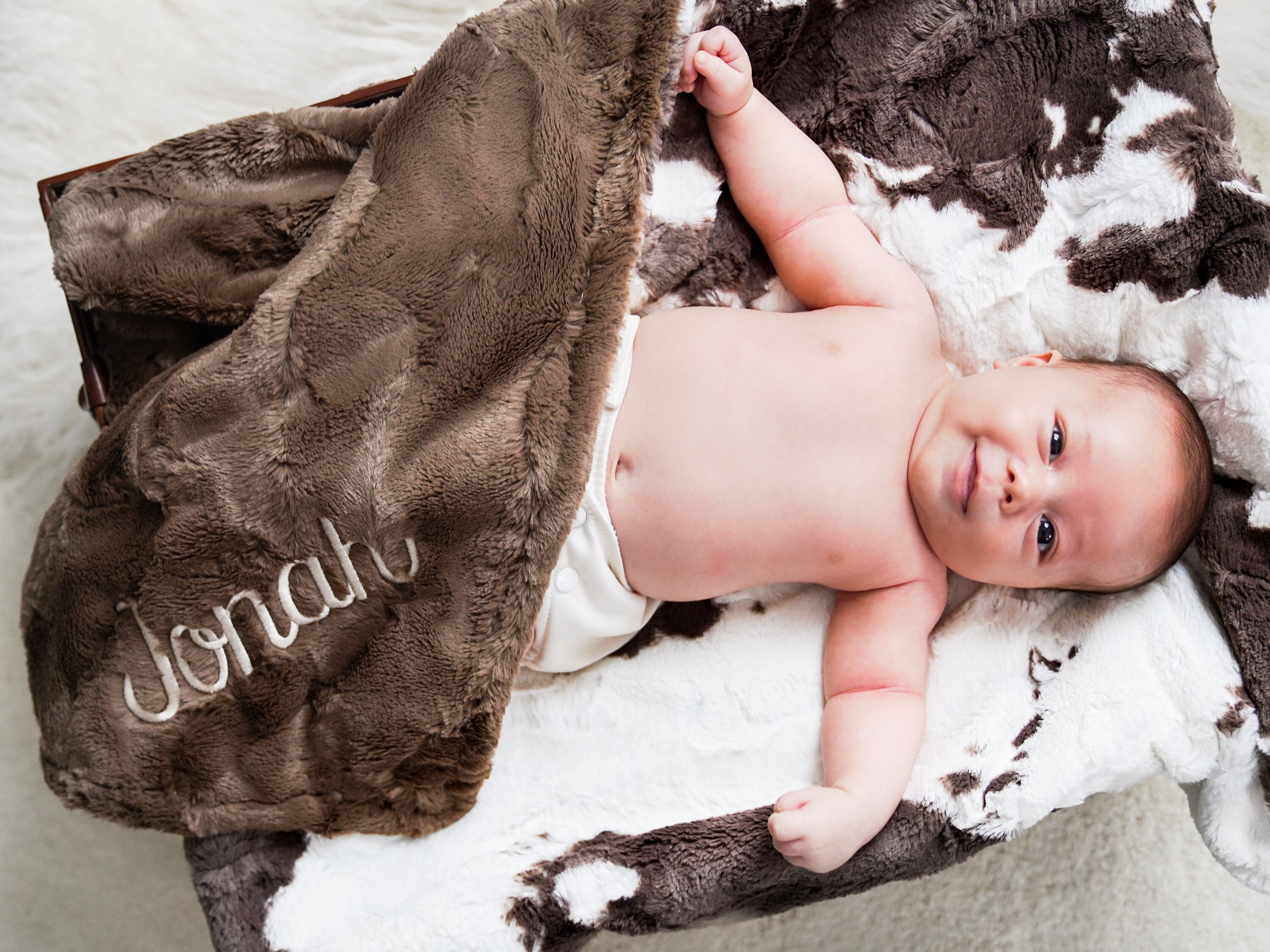 Personalized Baby Blanket, Brownie Calf Minky and You Choose Minky Color, Newborn Boy gift, Baby Shower Gift