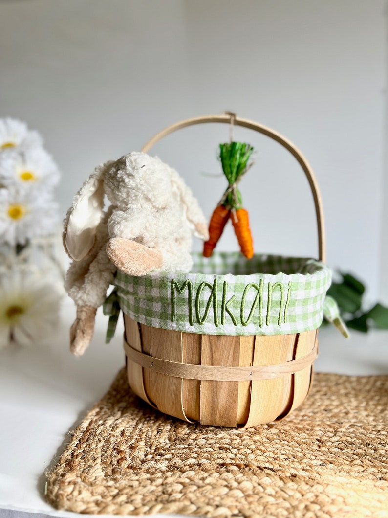 Embroidered Easter Basket, Custom Kids Basket, Easter, Basket, Personalized Easter Basket, Baby Boy First Easter Basket, Sage Green Gingham image 1