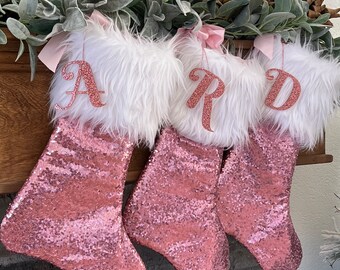 Baby Pink Christmas Stocking, Personalized Christmas Stocking, Sequins Christmas Stocking, Sparkle Stocking, Pink Sparkle Stocking