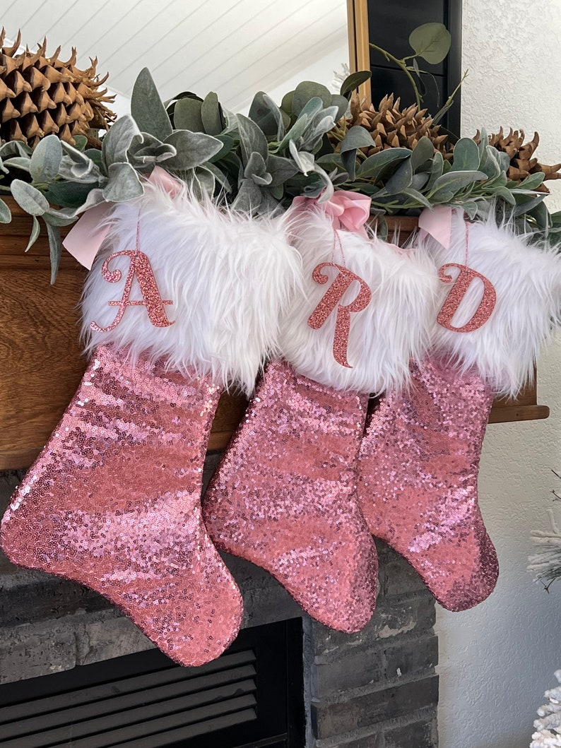 Baby Pink Christmas Stocking, Personalized Christmas Stocking, Sequins Christmas Stocking, Sparkle Stocking, Pink Sparkle Stocking image 1