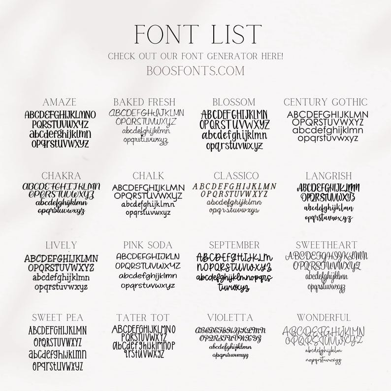 May include: A font list showcasing different font styles, such as Amaze, Baked Fresh, Blossom, and Century Gothic. The text "FONT LIST" is at the top, with "BOOSFONTS.COM" below. Each font is displayed with the alphabet in uppercase and lowercase.