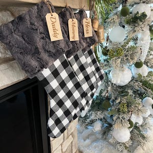 Buffalo Check stocking, Black and White Christmas Stocking, Personalized Xmas Decor, Farmhouse Stocking, Personalized Wood, Minimalist Decor