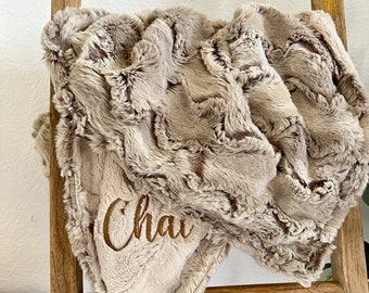 Personalized Blanket, Sandshell Rabbit and Minky Back Blanket, Newborn Girl or Newborn Boy, Baby Shower Gift, Neutral Boho Blanket