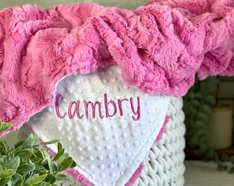 Personalized Baby Blanket, Hot Pink Glacier Minky and You Choose Minky Color, Newborn Boy gift, Baby Shower Gift