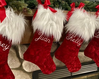 Red Christmas Stocking, Personalized Xmas Stocking, Red Velvet Christmas Decorations, Traditional Christmas Home Decor, Personalized Xmas