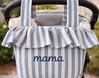Personalized Ruffle Stroller Caddy Bag | Baby Shower Gift | Mom Tote Organizer | Blue Stipe Stroller Bag