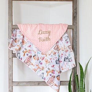 Sweet Darlings Baby Blanket, Woodland Minky Ultra Soft Blanket, Embroidered Baby Girl Baby Shower Gift
