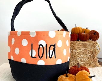 Orange Polka Dot Trick or Treat Bag, Custom Burnt Orange Halloween Bag, Pumpkin Trick-or-Treat Bucket, Embroidered Halloween Basket