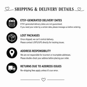 May include: A white graphic with black text detailing shipping and delivery information. The text includes information about Etsy-generated delivery dates, lost packages, address responsibility, and returns due to address issues.