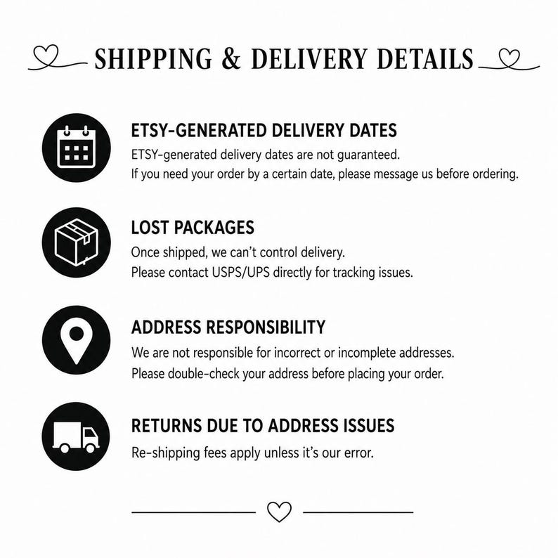 May include: A white graphic with black text detailing shipping and delivery information. The text includes information about Etsy-generated delivery dates, lost packages, address responsibility, and returns due to address issues.