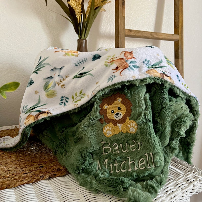 Personalized Baby Blanket, Embroidered Lion Blanket, Safari Babies Newborn Boy gift, Baby Shower Gift, Animal Baby Blanket, Woodland Baby image 1