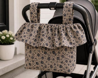 Personalized Ruffle Stroller Caddy Bag | Baby Shower Gift | Mom Tote Organizer | Vintage Floral Stroller Bag | Mom Gift