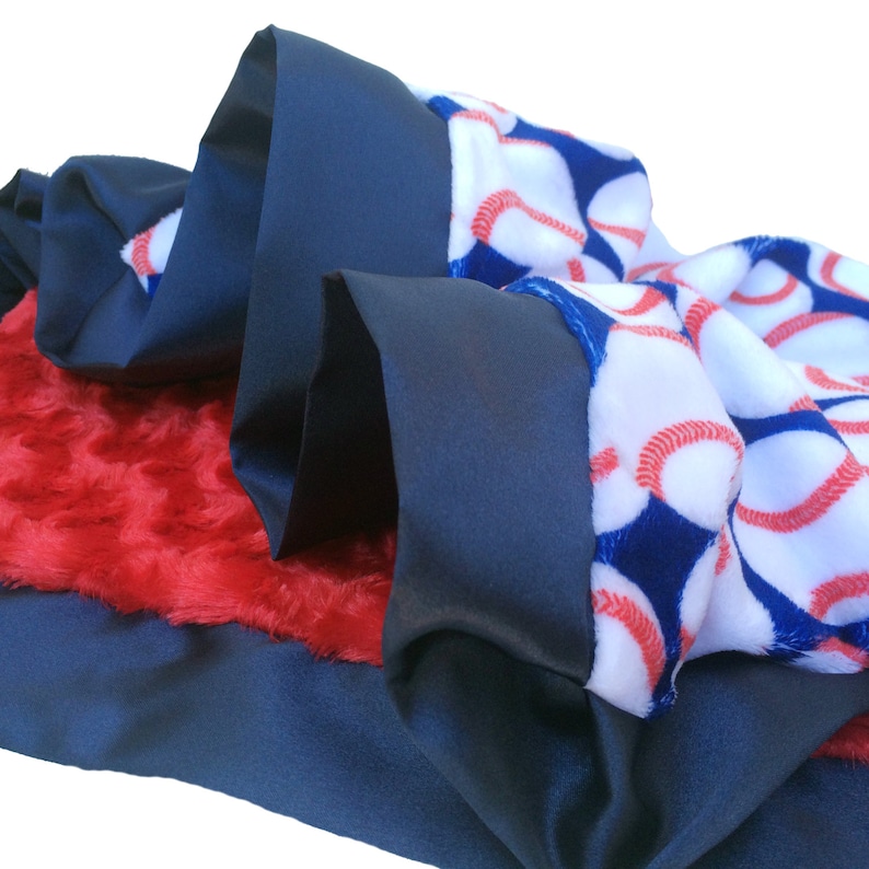 Stroller Size Baseball Print Minky Baby Blanket with Flat Satin Trim