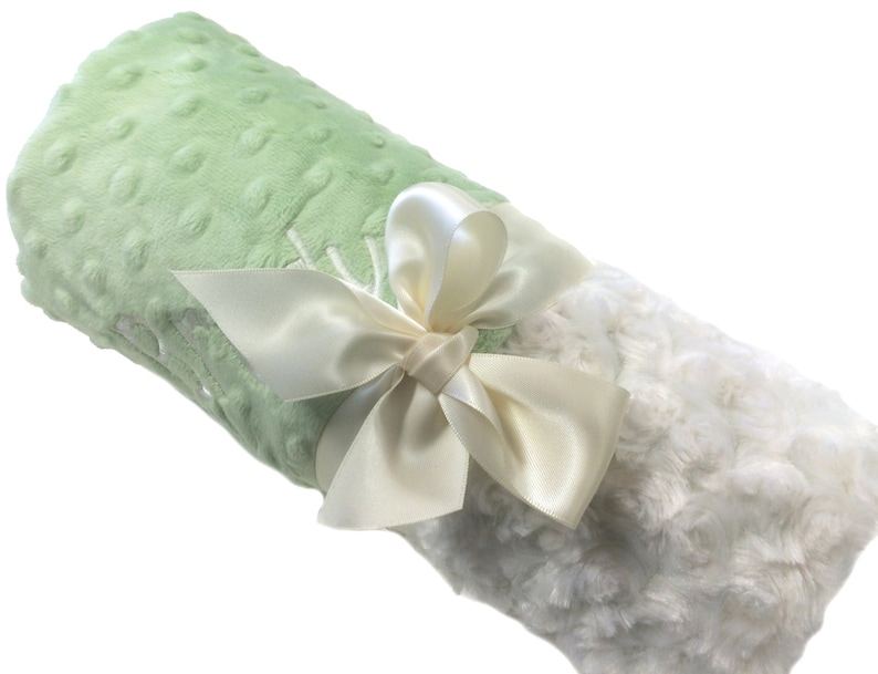 Personalized Baby Blanket Cream Ivory Swirl Minky Baby Blanket with Mint Green Dot Minky Back Standard