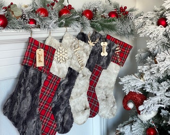 Red Plaid Christmas Stocking, Buffalo check  stocking, Plaid Christmas stocking, personalized Fur Christmas stocking, farmhouse Christmas