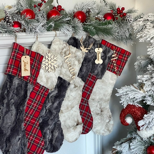 Red Plaid Christmas Stocking, Buffalo check  stocking, Plaid Christmas stocking, personalized Fur Christmas stocking, farmhouse Christmas