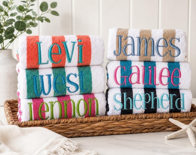 Monogrammed Oversized Kids Striped Beach Towels, Embroidered Pool Towels, Children Party Gift, Summer Accessory