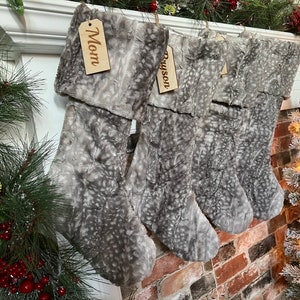 Charcoal Fawn Christmas stocking, Faux Fur Christmas Stocking, Personalized Christmas Stocking, Farmhouse Christmas Stocking