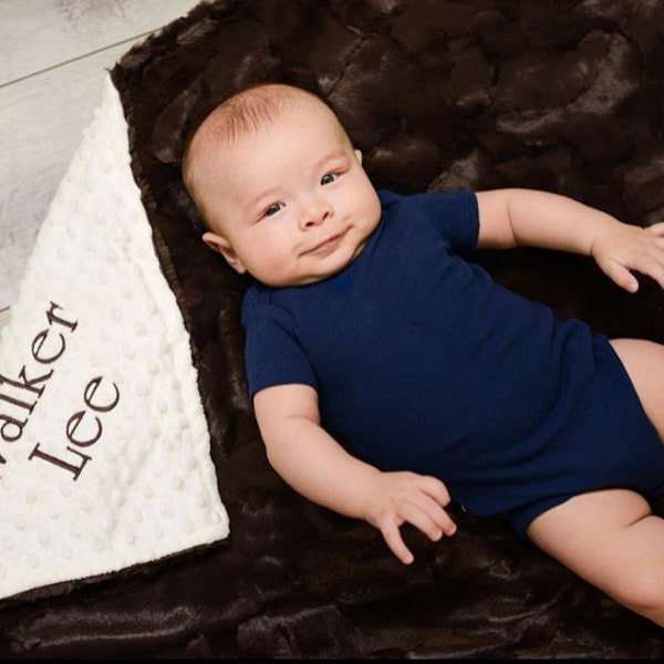 Personalized Baby Blanket, Chocolate Brown Hide Minky and Dot Minky Baby Blanket,Newborn Girl or Newborn Boy, Baby Blanket, Baby Shower Gift