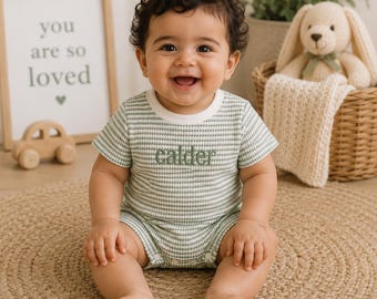 Personalized Baby Romper | Custom Name Waffle Romper | Baby Boy Outfit | Embroidered Baby Gift | Neutral Baby Clothes | Summer Baby Romper