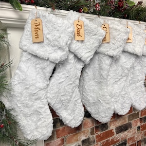Personalized stocking, White Glacier Christmas stocking, personalized Fur Christmas stocking,farmhouse Christmas, Personalized Wood tag