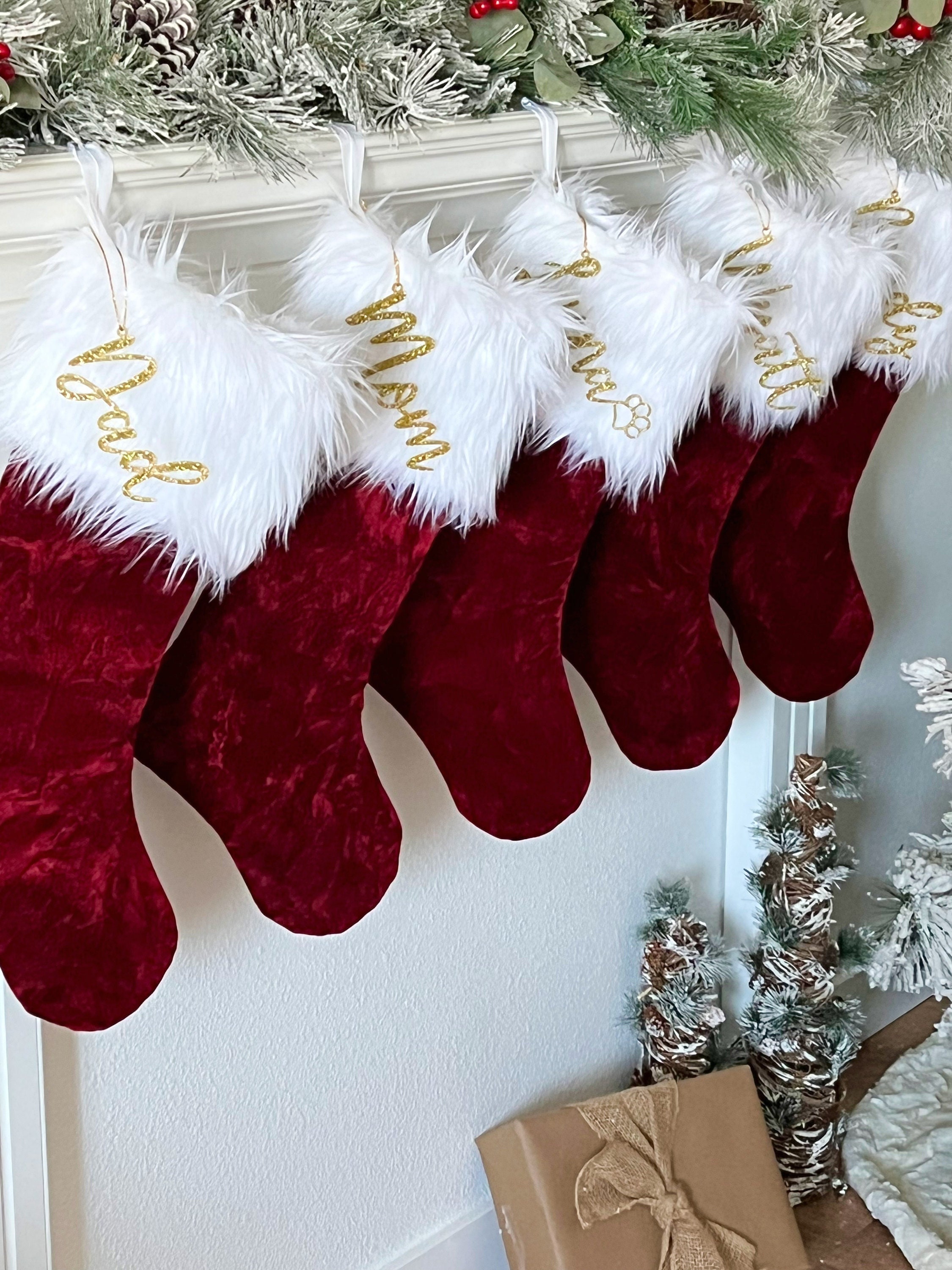 Christmas Stockings, White Red Velvet Quilted Christmas Stocking