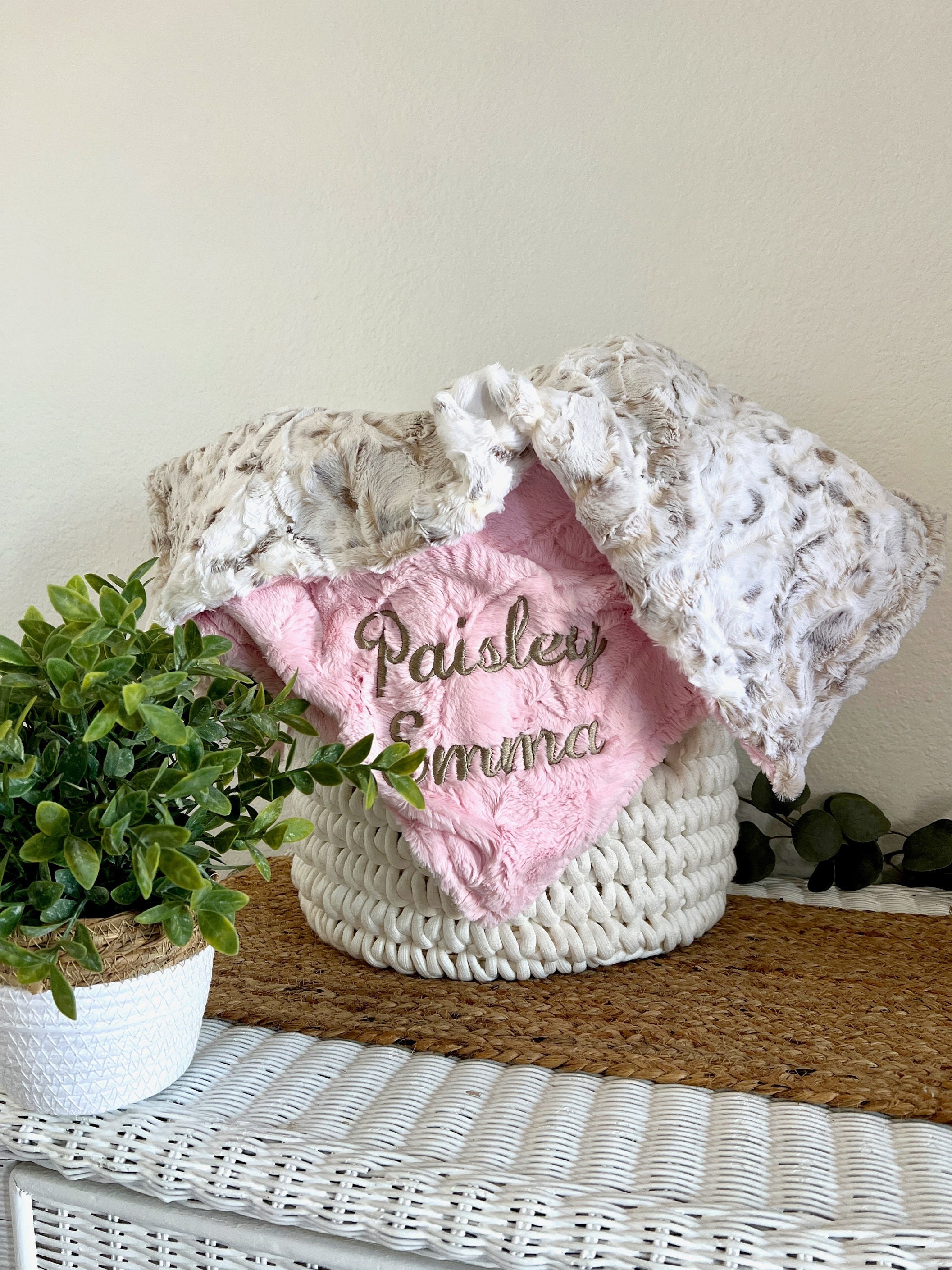 Personalized Baby Blanket, Snow Owl Natural Minky and You Choose Minky Color, Newborn Boy gift, Baby