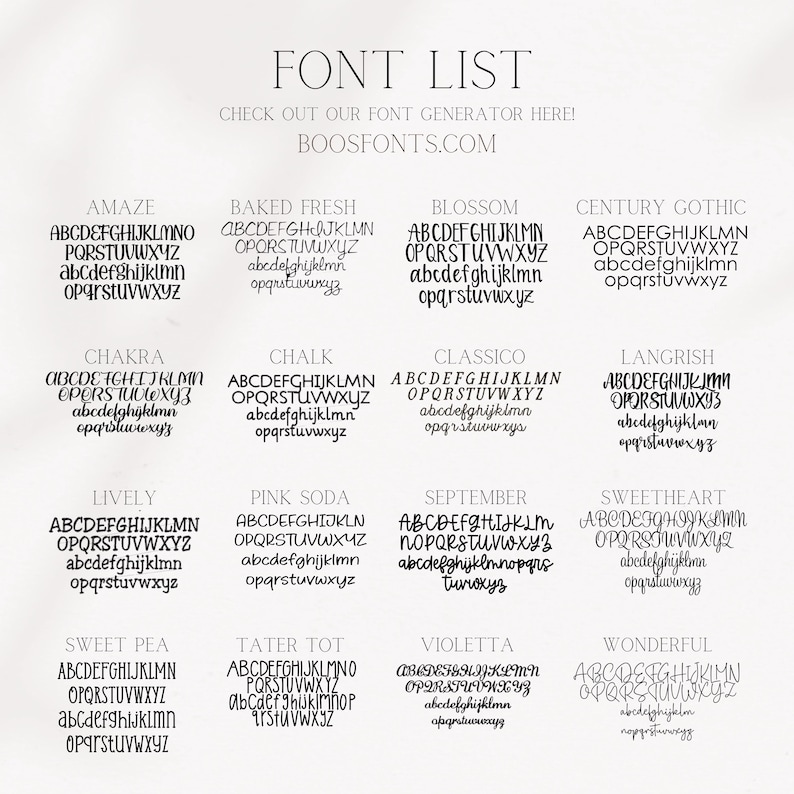 May include: A font list graphic with various font styles, including Amaze, Baked Fresh, Blossom, and Century Gothic. The text "FONT LIST" and "BOOSFONTS.COM" are also displayed. Each font is shown with the alphabet in uppercase and lowercase.
