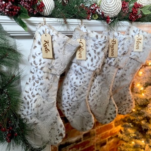 Personalized stocking, Arctic Lynx Christmas stocking, Personalized Fur Christmas Stocking, Farmhouse Christmas, Personalized Wood tag