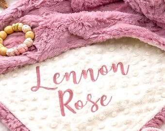 Personalized Baby Blanket, Woodrose Glacier and you Choose Minky dot color, Woodrose Glacier Blanket, Newborn Girl gift, PINK BLANKET