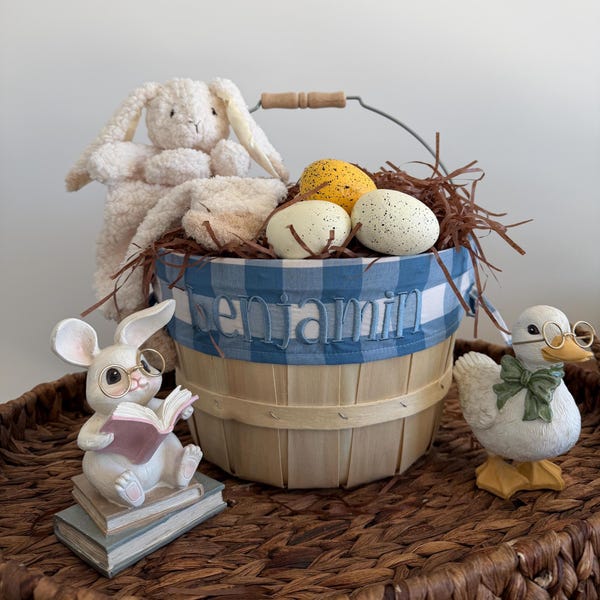 Embroidered Easter Basket, Custom Kids Basket, Personalized Easter Basket, Baby Boy First Easter Basket, Denim Gingham, PM