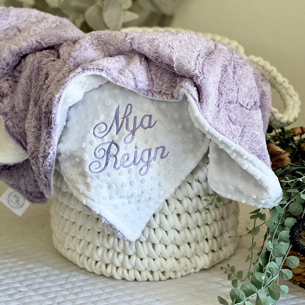 Personalized Baby Blanket, Lavender Heather Aster Minky and You Choose Minky Back Blanket, Newborn Girl, Baby Shower Gift, Lavender Blanket