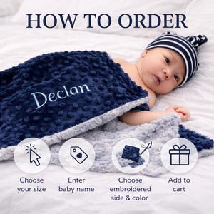 May include: A navy blue baby blanket with the name "Declan" embroidered in white. The blanket has a textured, dotted pattern on the front and a soft, gray backing. The image includes the text "HOW TO ORDER" and steps to customize the blanket.