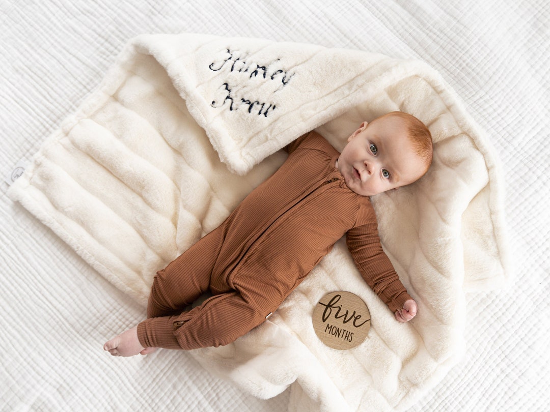 Personalized Baby Blanket, Sydney Natural Minky and You Choose Minky Color, Embroidered Newborn