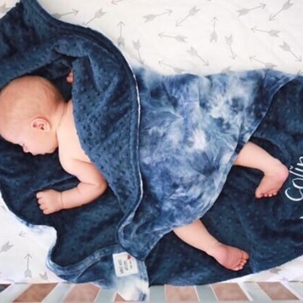 Personalized Baby Blanket, Blue tie-dye and You Choose Minky Dot color Baby Blanket, Newborn Boy, Baby Shower Gift