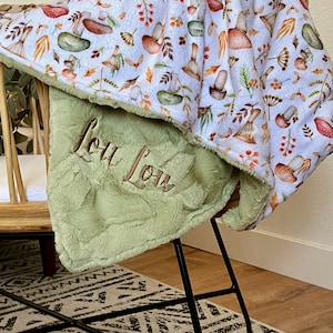 Personalized Blanket, Mushroom Minky Blanket, Newborn Girl or Newborn Boy, Baby Shower Gift, Cottagecore Nursery, Aesthetic Nursery