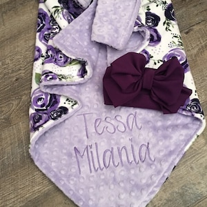 Personalized Baby Blanket, Purple Rose Minky Baby Blanket, Baby Shower Gift, Newborn Gift, birthday gift, Rosie Eggplant, BOW NOT INCLUDED