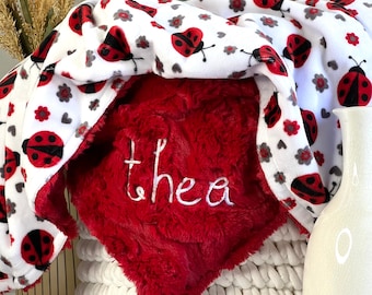 Personalized Baby Blanket, Lady bug minky blanket, Newborn Girl gift, Baby Shower Gift
