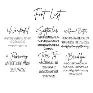Op de afbeelding: Een witte achtergrond toont een "Font List" met zes verschillende lettertypen. Elk lettertype wordt getoond met zijn naam en het volledige alfabet in zowel hoofdletters als kleine letters. De lettertypen zijn genummerd en bevatten namen als "Wonderful" en "September".