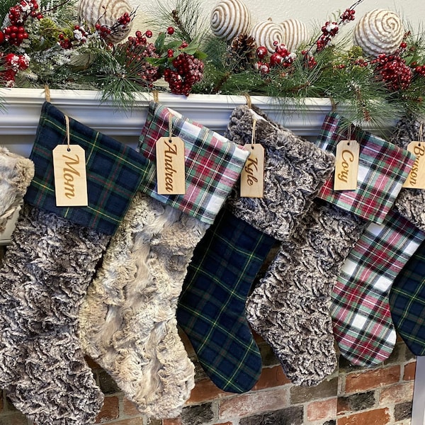 Buffalo check  stocking, Green Plaid Christmas stocking, personalized Fur Christmas stocking,farmhouse Christmas stocking, Personalized