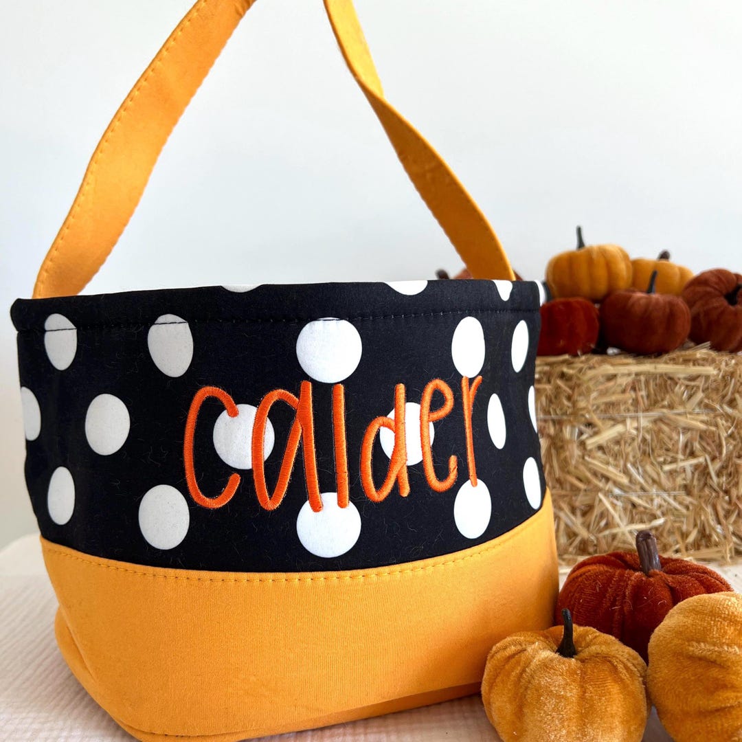 White Polka Dot Trick or Treat Bag, Custom Orange Ghost Halloween Bag ...
