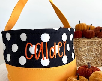 White Polka Dot Trick or Treat Bag, Custom Orange Ghost Halloween Bag, Pumpkin Trick-or-Treat Bucket, Embroidered Halloween Basket